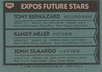 1980 Topps #680 Expos Future Stars (Tony Bernazard / Randy Miller / John Tamargo) Back