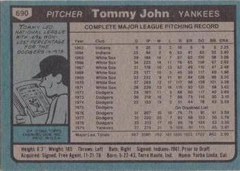 1980 Topps #690 Tommy John Back