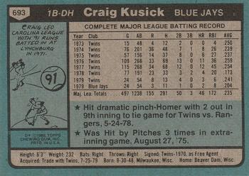 1980 Topps #693 Craig Kusick Back