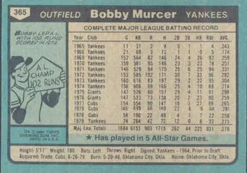 1980 Topps #365 Bobby Murcer Back