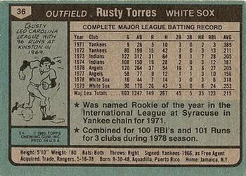 1980 Topps #36 Rusty Torres Back