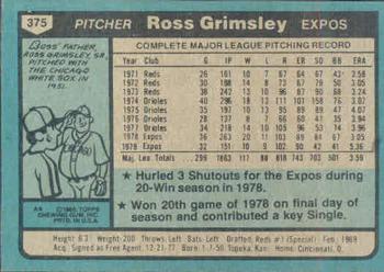 1980 Topps #375 Ross Grimsley Back