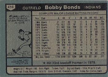 1980 Topps #410 Bobby Bonds Back