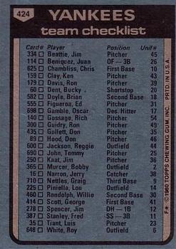 1980 Topps #424 New York Yankees / Dick Howser Back
