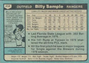 1980 Topps #458 Billy Sample Back