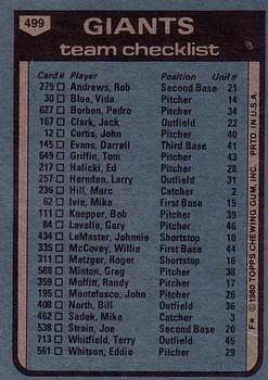 1980 Topps #499 San Francisco Giants / Dave Bristol Back