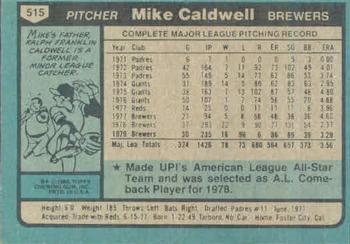 1980 Topps #515 Mike Caldwell Back