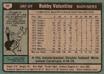1980 Topps #56 Bobby Valentine Back