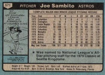 1980 Topps #571 Joe Sambito Back