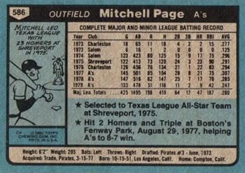 1980 Topps #586 Mitchell Page Back