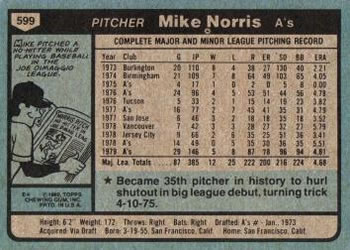 1980 Topps #599 Mike Norris Back