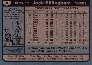 1980 Topps #603 Jack Billingham Back