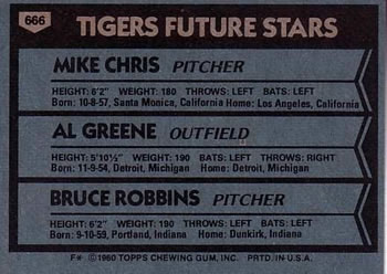 1980 Topps #666 Tigers Future Stars (Mike Chris / Al Greene / Bruce Robbins) Back