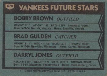 1980 Topps #670 Yankees Future Stars (Bobby Brown / Brad Gulden / Darryl Jones) Back