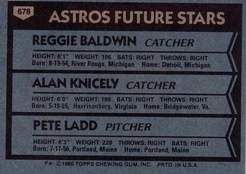 1980 Topps #678 Astros Future Stars (Reggie Baldwin / Alan Knicely / Pete Ladd) Back