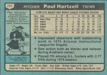 1980 Topps #721 Paul Hartzell Back