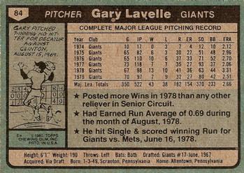 1980 Topps #84 Gary Lavelle Back