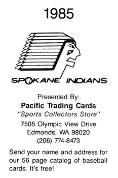1985 Pacific Spokane Indians #NNO Joe Lynch Back