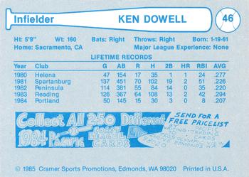 1985 Cramer Portland Beavers #46 Ken Dowell Back