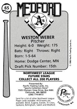 1986 Cramer Medford A's #65 Weston Weber Back
