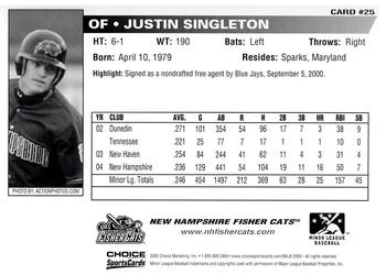 2005 Choice New Hampshire Fisher Cats #25 Justin Singleton Back