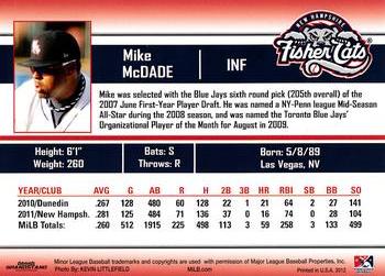 2012 Grandstand New Hampshire Fisher Cats #20 Mike McDade Back