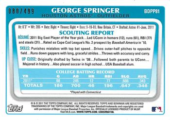 2011 Bowman Draft Picks & Prospects - Prospects Blue #BDPP81 George Springer Back