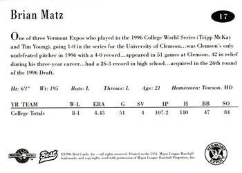 1996 Best Vermont Expos #17 Brian Matz Back