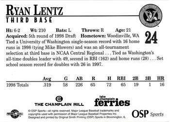 1998 Vermont Expos #24 Ryan Lentz Back