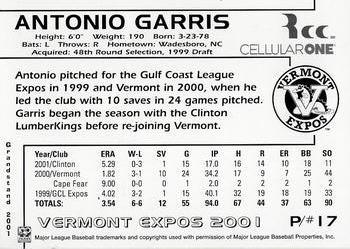 2001 Grandstand Vermont Expos #NNO Antonio Garris Back