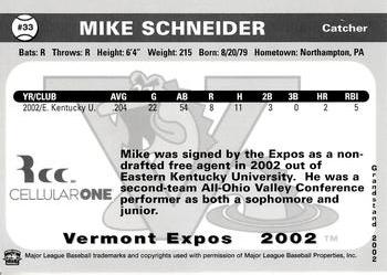 2002 Grandstand Vermont Expos #NNO Mike Schneider Back