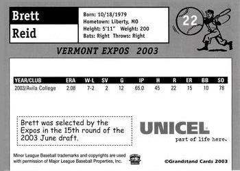 2003 Grandstand Vermont Expos #NNO Brett Reid Back