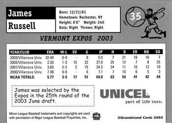 2003 Grandstand Vermont Expos #NNO James Russell Back