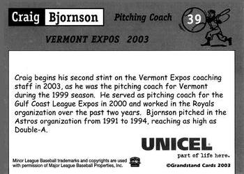 2003 Grandstand Vermont Expos #NNO Craig Bjornson Back