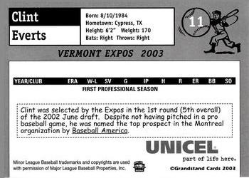 2003 Grandstand Vermont Expos #NNO Clint Everts Back
