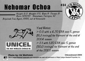 2005 Grandstand Vermont Expos #NNO Nehomar Ochoa Back