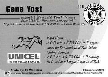 2005 Grandstand Vermont Expos #NNO Gene Yost Back