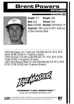 2012 Choice Vermont Lake Monsters #20 Brent Powers Back