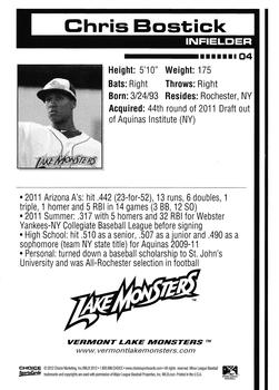 2012 Choice Vermont Lake Monsters #4 Chris Bostick Back