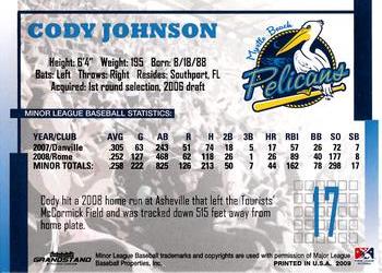2009 Grandstand Myrtle Beach Pelicans #NNO Cody Johnson Back