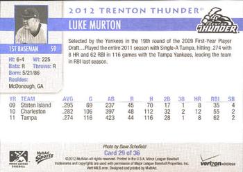 2012 MultiAd Verizon Trenton Thunder #29 Luke Murton Back