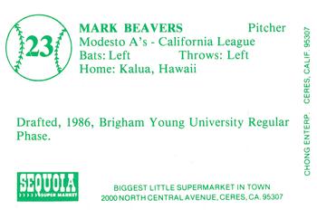 1986 Chong Modesto A's #23 Mark Beavers Back