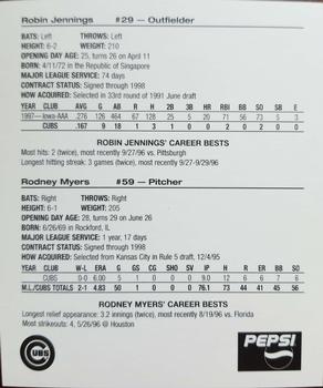 1998 Chicago Cubs Fan Convention #23 Hot Prospects (Robin Jennings / Rodney Myers) Back