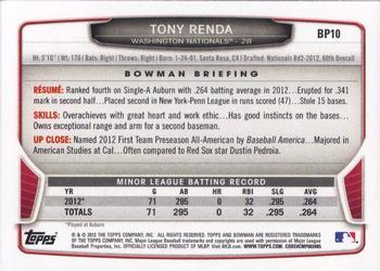 2013 Bowman - Prospects Purple #BP10 Tony Renda Back