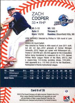 2013 Brandt Lakewood BlueClaws #6 Zach Cooper Back