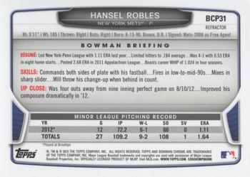 2013 Bowman - Chrome Prospects Blue Wave Refractors #BCP31 Hansel Robles Back