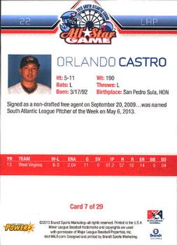2013 Brandt South Atlantic League North Division All-Stars #7 Orlando Castro Back