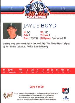 2013 Brandt South Atlantic League South Division All-Stars #4 Jayce Boyd Back