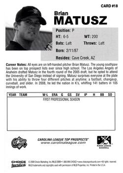 2009 Choice Carolina League Top Prospect 30 #18 Brian Matusz Back