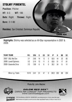 2010 Choice Carolina League Top Prospect 30 #24 Stolmy Pimentel Back